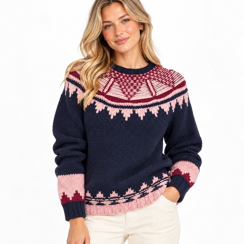 J.Crew Hand Knit Wool Sweater M Navy Pink Fair Isle Nordic Cottagecore Apres Ski